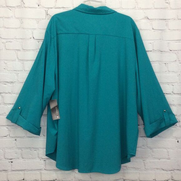 N Touch Tunic Woman’s Plus Sz 3X Teal Sky Snap Up Front Roll Tab Sleeves Casual - Picture 9 of 9